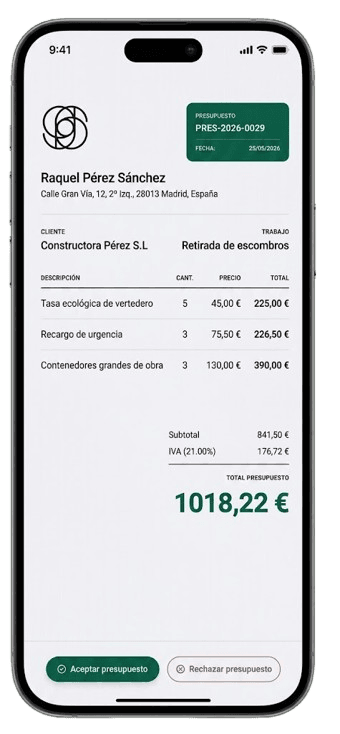 Vista móvil del presupuesto con botones para aceptar o rechazar