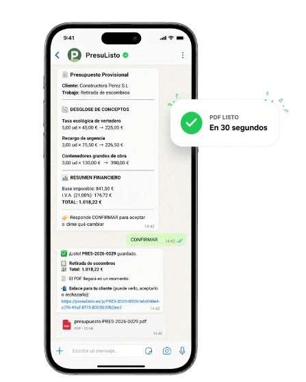 Presupuesto provisional generado en WhatsApp desde PresuListo