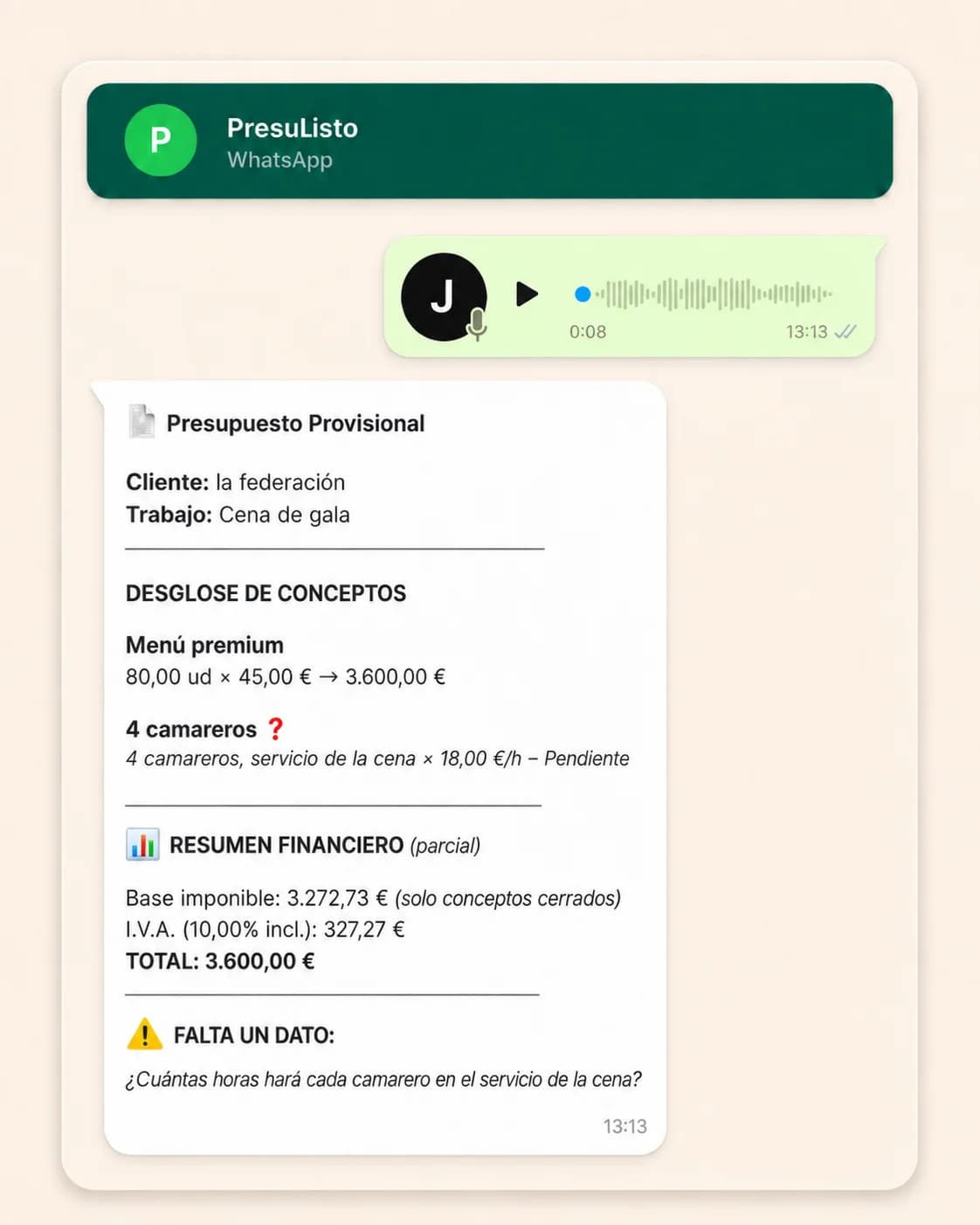 Presupuesto provisional generado por PresuListo en WhatsApp